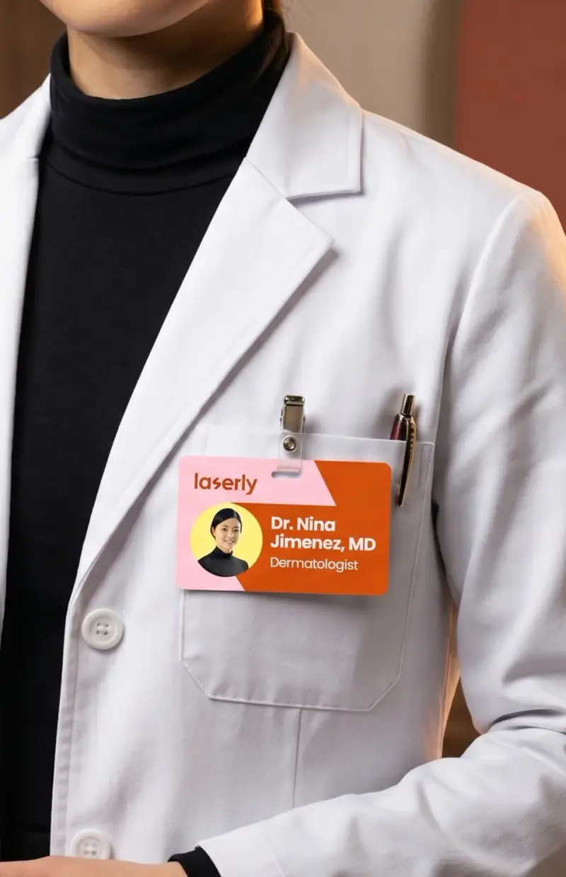 Laserly staff ID badge clipped to a dermatologist’s coat